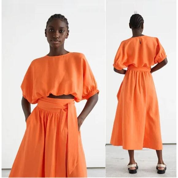 Stockholm Atelier & Other Stories Linen Orange Crop Top and Midi Skirt Set XS/2 - Picture 1 of 12